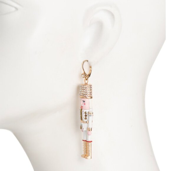 NWT BETSEY JOHNSON White Crystal Nutcracker & Gold Star Holiday Dangle Earrings - Picture 2 of 4